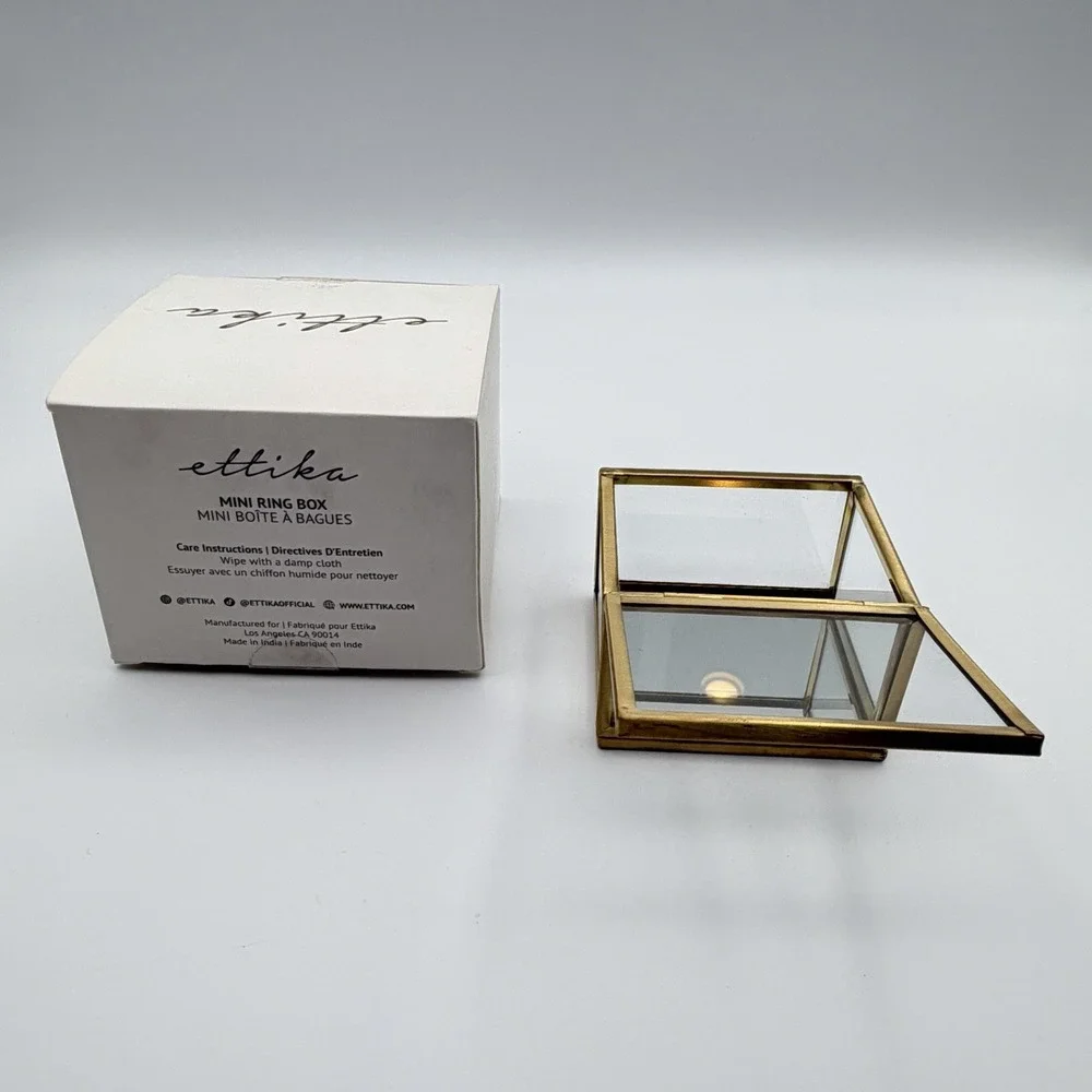 Ettika Mini Ring Box Glass & Brass 3″ × 2.5″ × 2″ Display Trinket Box